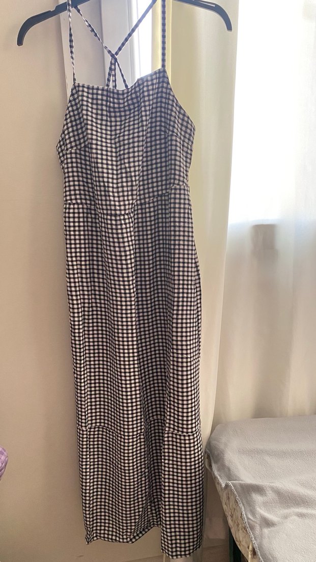 Kareli Askılı Uzun Kadın Elbise - Görsel 2