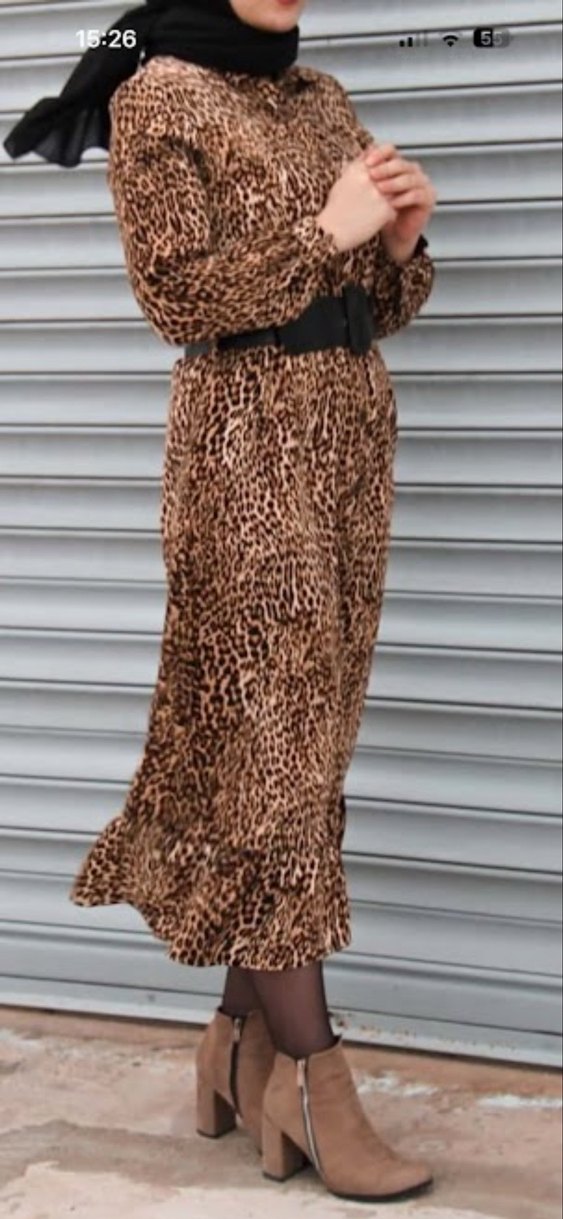 Kahverengi Leopar Desenli Uzun Kadın Elbise - Görsel 2