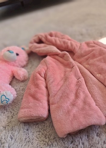 Kız Çocuk Pembe Kapüşonlu Kürklü Mont - Görsel 4