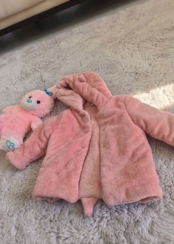 Kız Çocuk Pembe Kapüşonlu Kürklü Mont - Görsel 3