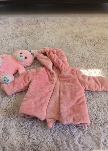 Kız Çocuk Pembe Kapüşonlu Kürklü Mont - Görsel 2