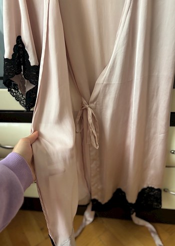 H&M Dantel Detaylı Midi Pembe Sabahlık - Görsel 3