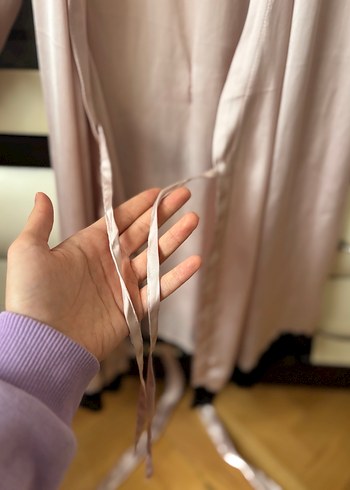 H&M Dantel Detaylı Midi Pembe Sabahlık - Görsel 5