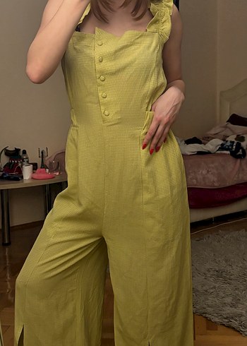 Sarı Düğmeli Midi Tulum - Görsel 3