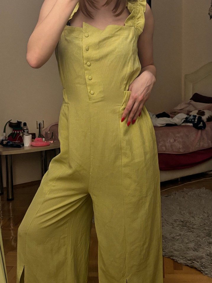 Sarı Düğmeli Midi Tulum - Görsel 3