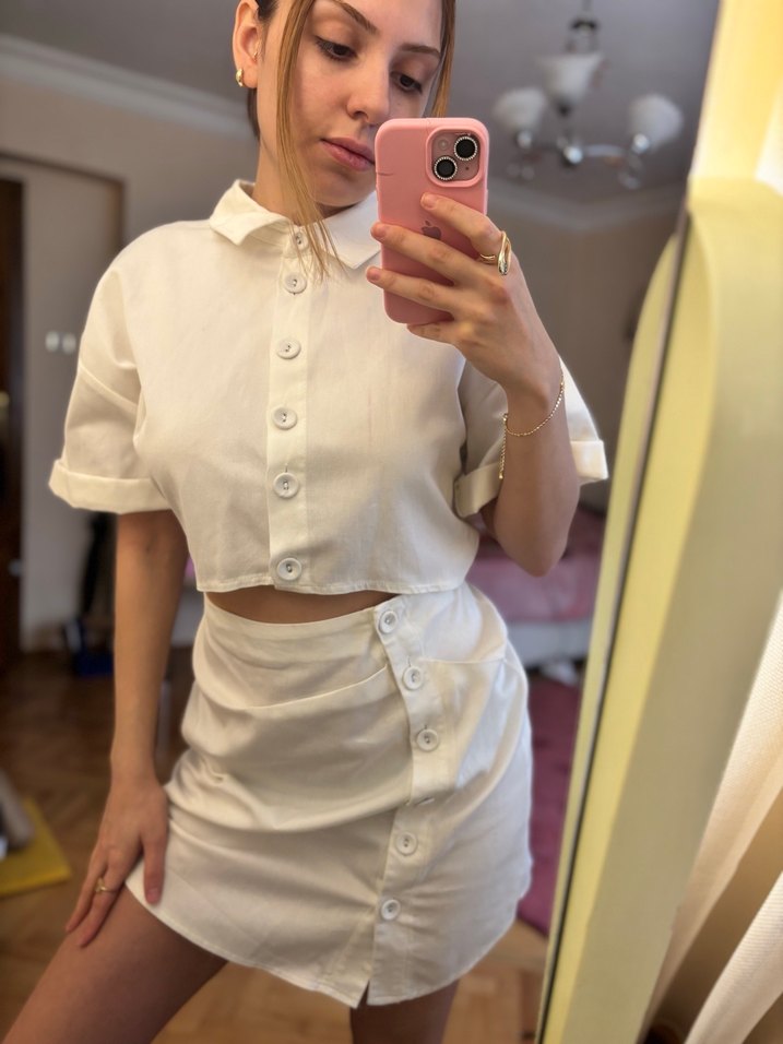 Düğmeli Beyaz Mini Elbise - Görsel 2