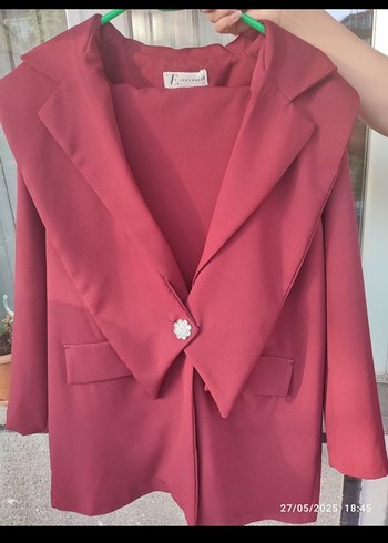 Bordo Uzun Kollu Kadın Blazer Ceket ikili takım