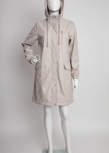 Bej Kapüşonlu Düğmeli Rahat Kesim Mont - Görsel 5