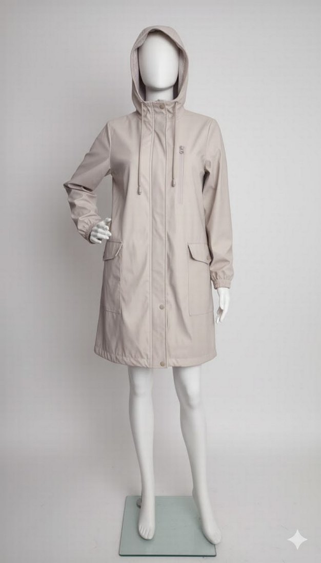 Bej Kapüşonlu Düğmeli Rahat Kesim Mont - Görsel 5