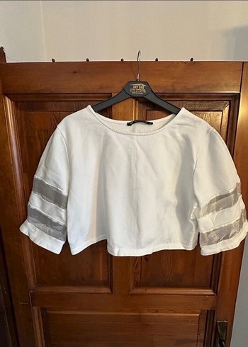 Kadın beyaz Kısa Kollu Crop Top - Görsel 3