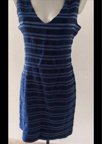 Lacivert Midi Çizgili Kalem Elbise - Görsel 8