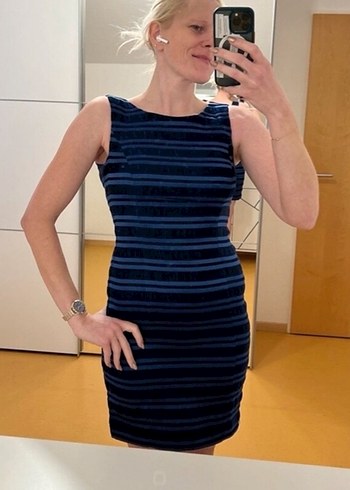 Lacivert Midi Çizgili Kalem Elbise - Görsel 2