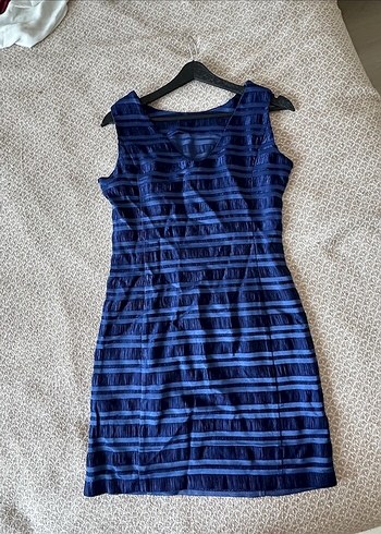 Lacivert Midi Çizgili Kalem Elbise - Görsel 10