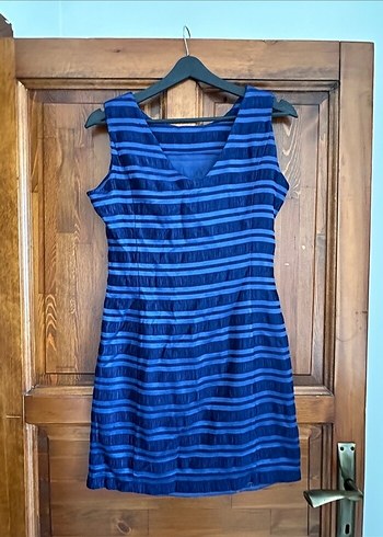 Lacivert Midi Çizgili Kalem Elbise - Görsel 6