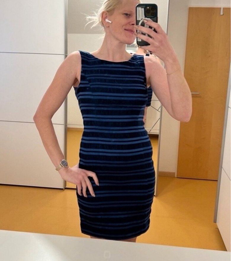 Lacivert Midi Çizgili Kalem Elbise - Görsel 2