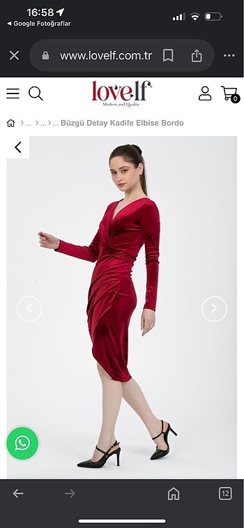 Büzgü detaylı bordo kadife elbise, uzunluk 105 cm , önde ayak de