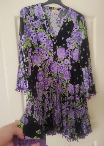 Park Bravo Düğmeli Mor Çiçek Desenli Uzun park moda elbise