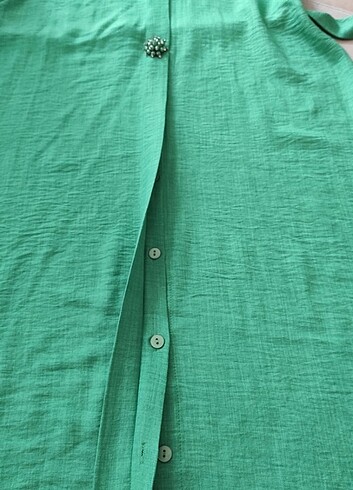 44 Beden yeşil Renk Ağaç kabuğu keteni tasarım gömlek elbise 