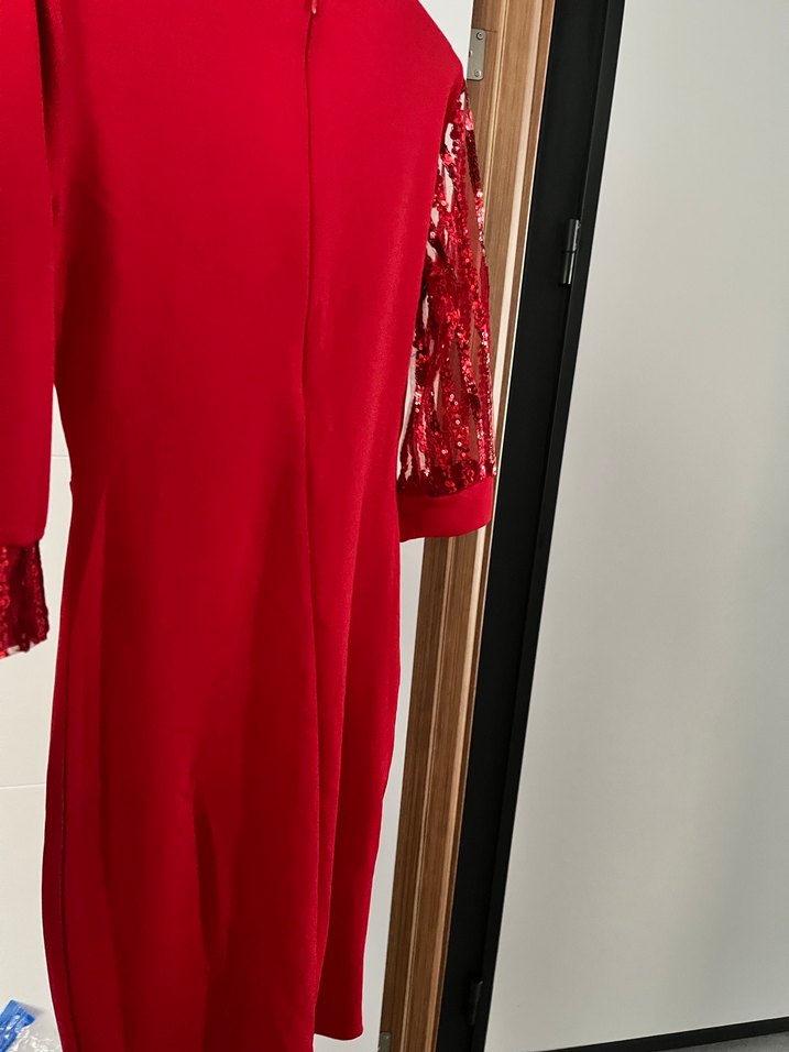 Parlak Kırmızı Drapeli Uzun Abiye Elbise - Görsel 2