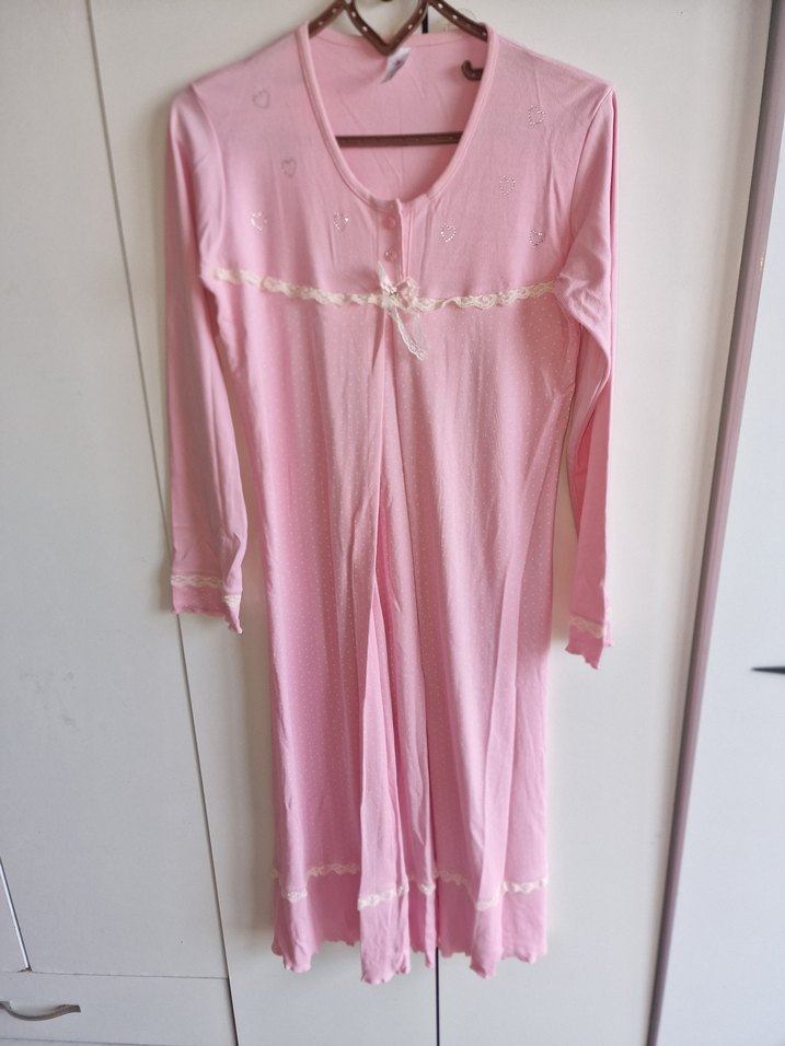 Düğmeli Pembe Hamile gece giyim - Görsel 3