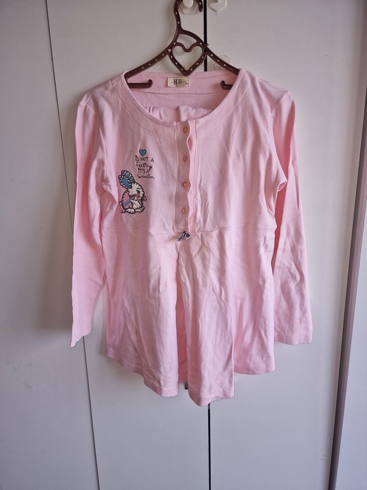 Düğmeli Pembe Keten Hamile pijama - Görsel 5