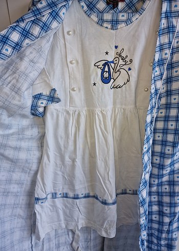 Mavi Kareli Vintage hamile pijama 3 parça - Görsel 3