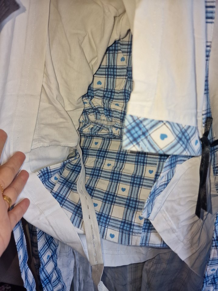 Mavi Kareli Vintage hamile pijama 3 parça - Görsel 2