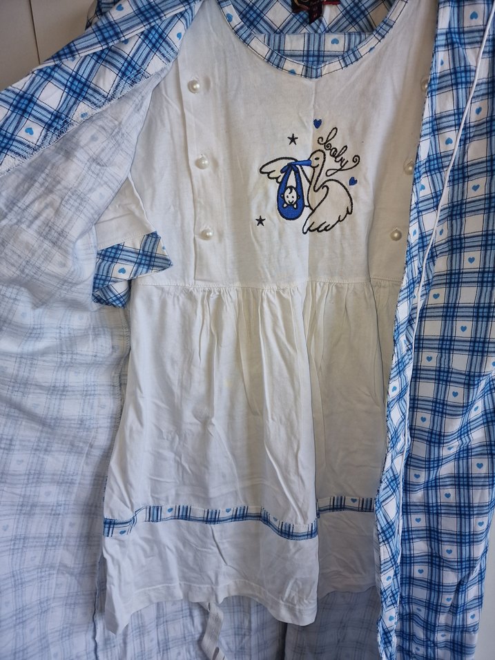 Mavi Kareli Vintage hamile pijama 3 parça - Görsel 3