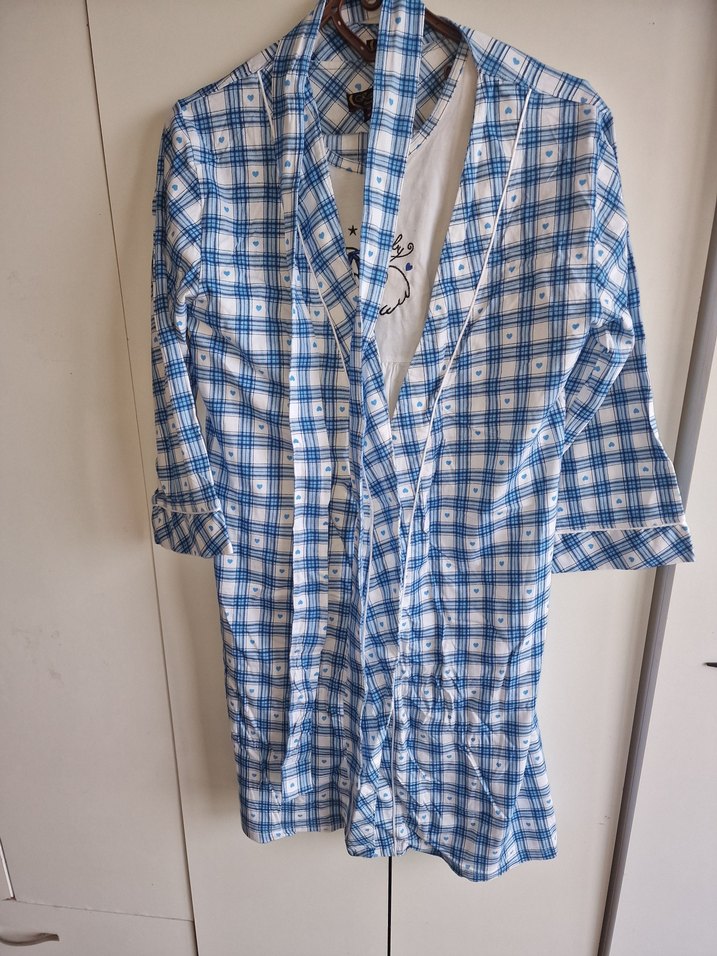 Mavi Kareli Vintage hamile pijama 3 parça - Görsel 4