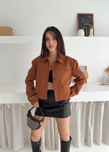 BEJ SÜET MİNİ CEKET DÜĞMELİ  - Görsel 7