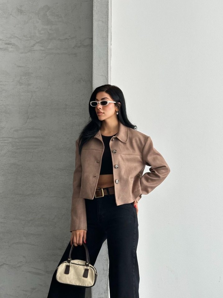 BEJ SÜET MİNİ CEKET DÜĞMELİ  - Görsel 3