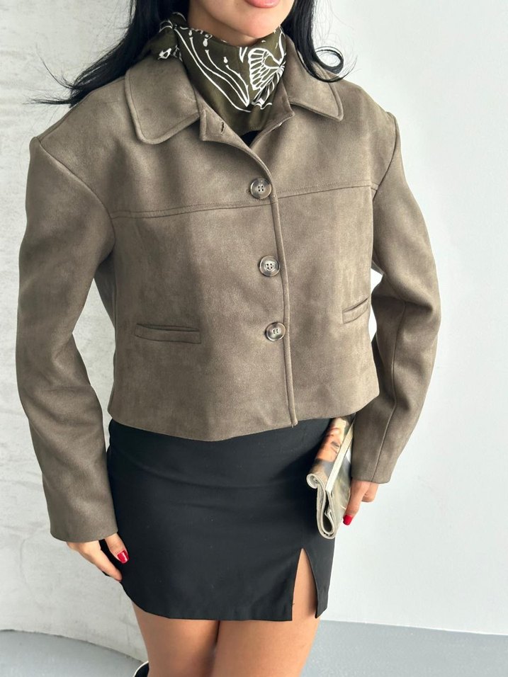 BEJ SÜET MİNİ CEKET DÜĞMELİ  - Görsel 5