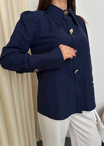 Düğmeli Lacivert Kadın Gömlek - Görsel 2