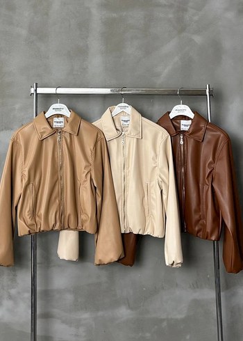 Bej Deri Midi Ceket Kemerli bomber ceket - Görsel 8