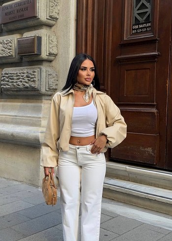 Bej Deri Midi Ceket Kemerli bomber ceket - Görsel 7