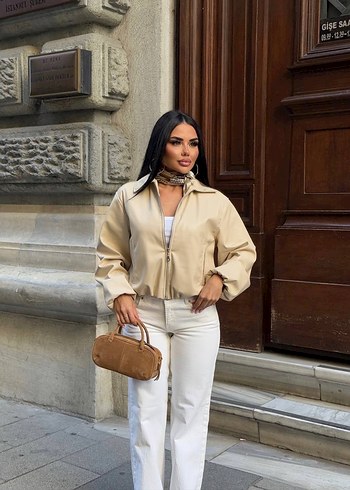 Bej Deri Midi Ceket Kemerli bomber ceket - Görsel 2