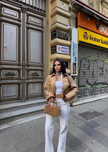 Bej Deri Midi Ceket Kemerli bomber ceket - Görsel 6