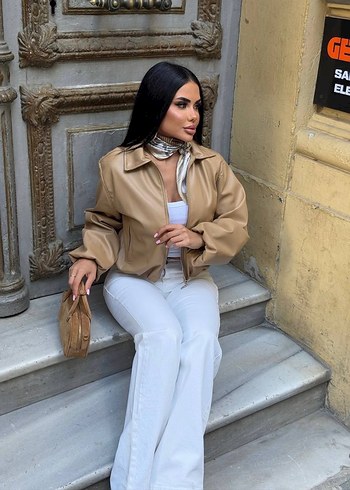 Bej Deri Midi Ceket Kemerli bomber ceket - Görsel 3