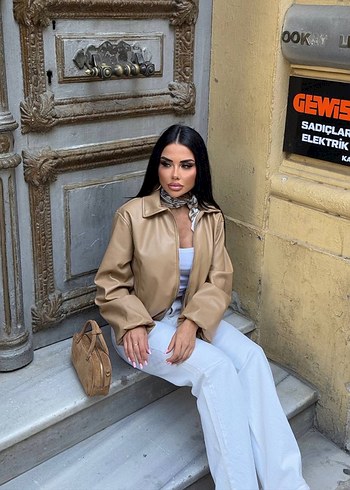 Bej Deri Midi Ceket Kemerli bomber ceket - Görsel 4