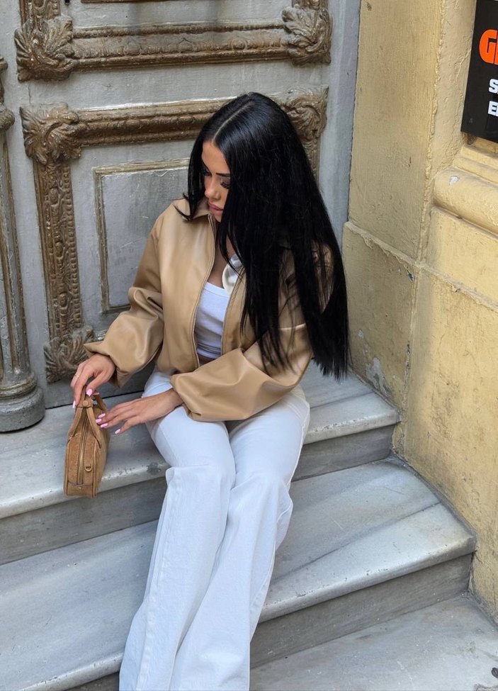 Bej Deri Midi Ceket Kemerli bomber ceket - Görsel 5