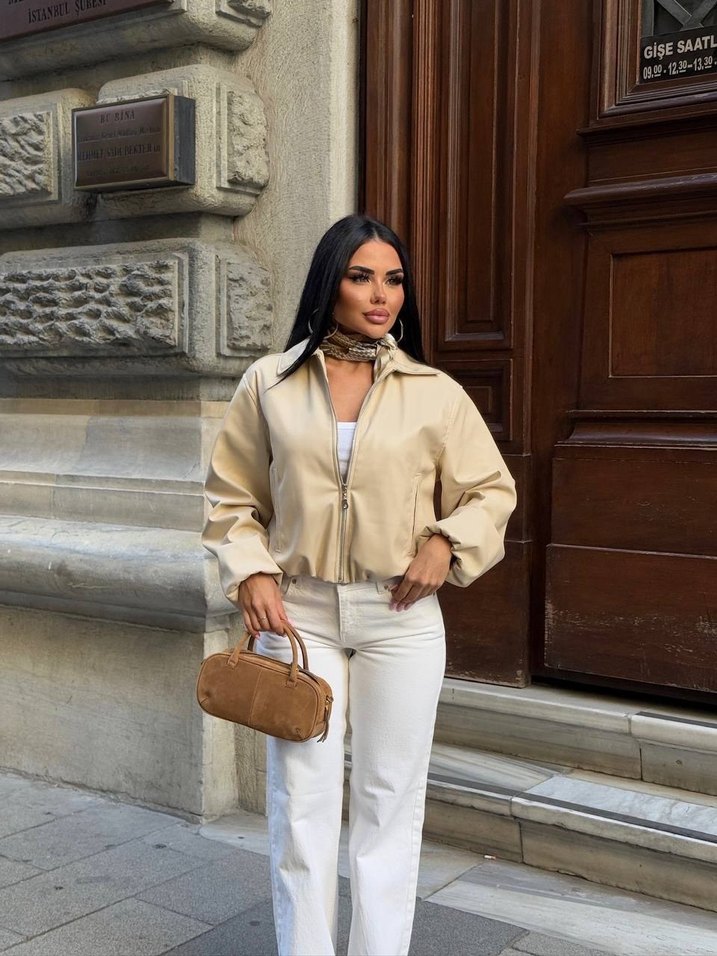 Bej Deri Midi Ceket Kemerli bomber ceket - Görsel 2