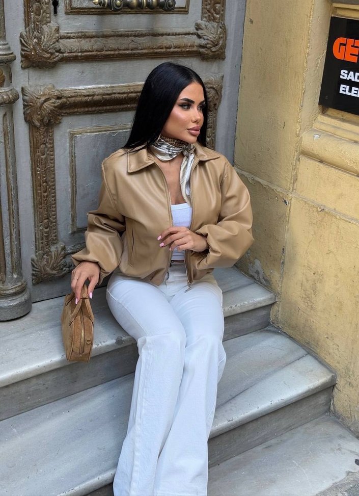 Bej Deri Midi Ceket Kemerli bomber ceket - Görsel 3