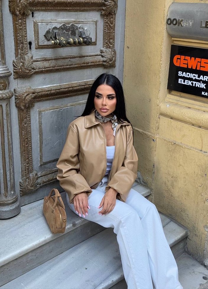 Bej Deri Midi Ceket Kemerli bomber ceket - Görsel 4