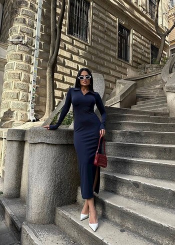 Lacivert V Yaka Uzun Kollu Denim Elbise (dalgıç kumaş) - Görsel 5