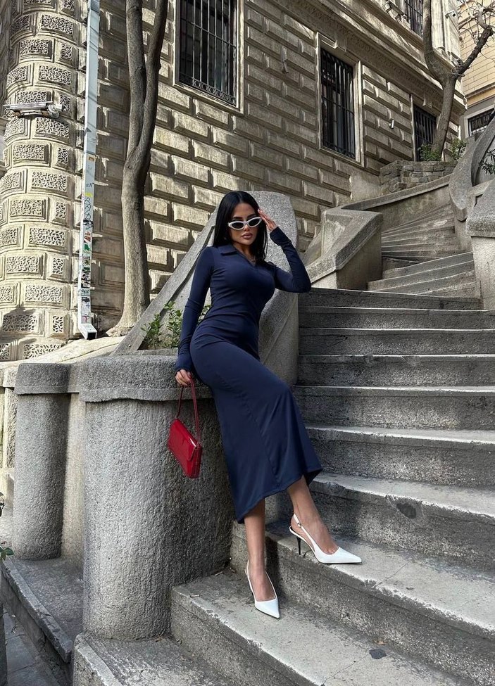 Lacivert V Yaka Uzun Kollu Denim Elbise (dalgıç kumaş) - Görsel 4