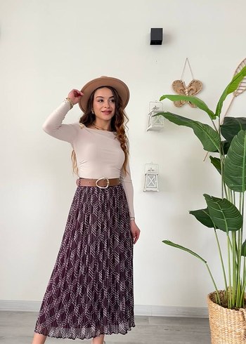 Bej Piliseli Bohem Uzun Etek (kemeri ile birlikte) - Görsel 2