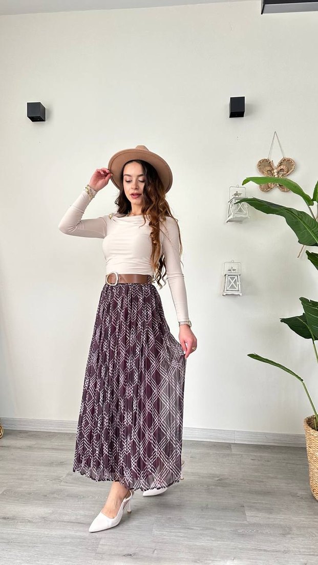 Bej Piliseli Bohem Uzun Etek (kemeri ile birlikte) - Görsel 3