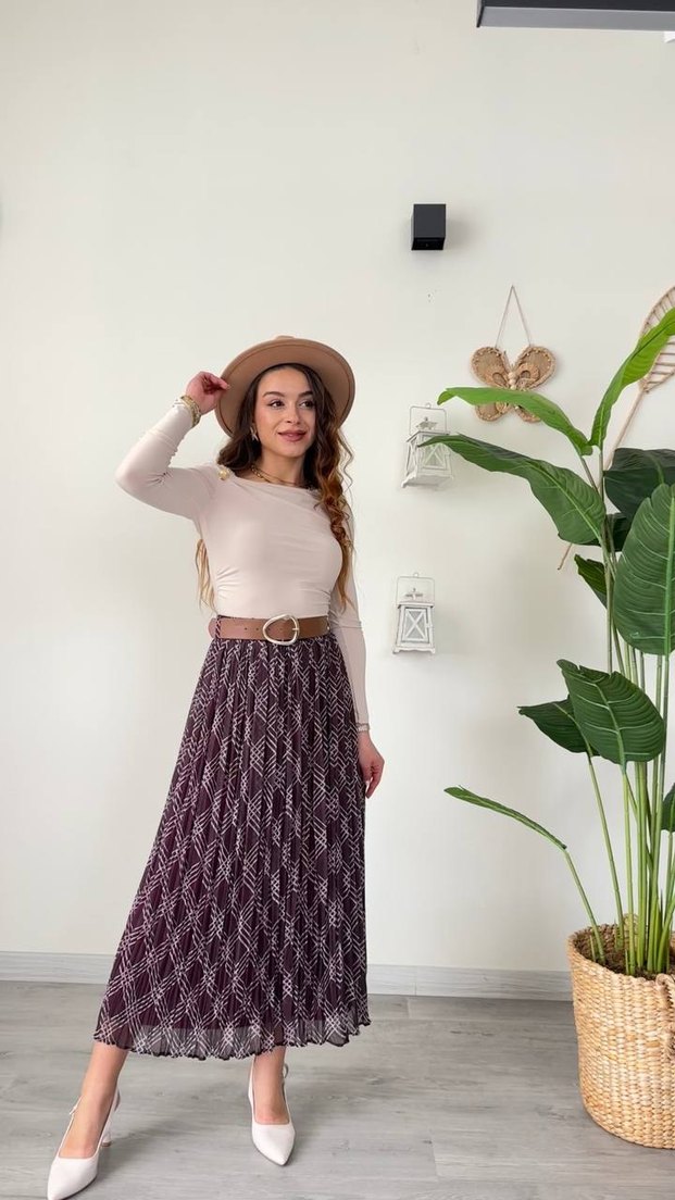 Bej Piliseli Bohem Uzun Etek (kemeri ile birlikte) - Görsel 2