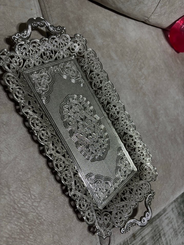 Parlak Gri Dekoratif Metal Tepsi - Görsel 3