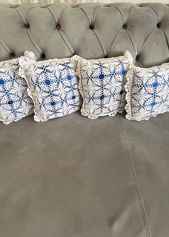 Mavi İşlemeli Gri Kırlent Seti